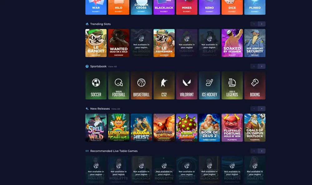 Rainbet Angebot mit Spielen und Live-Casino